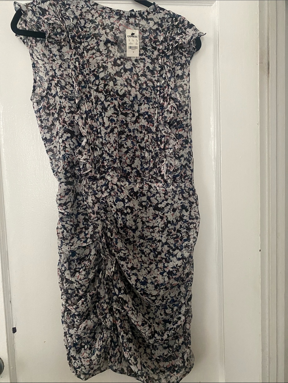 Express Navy and Pink Floral Ruffle Midi Dress